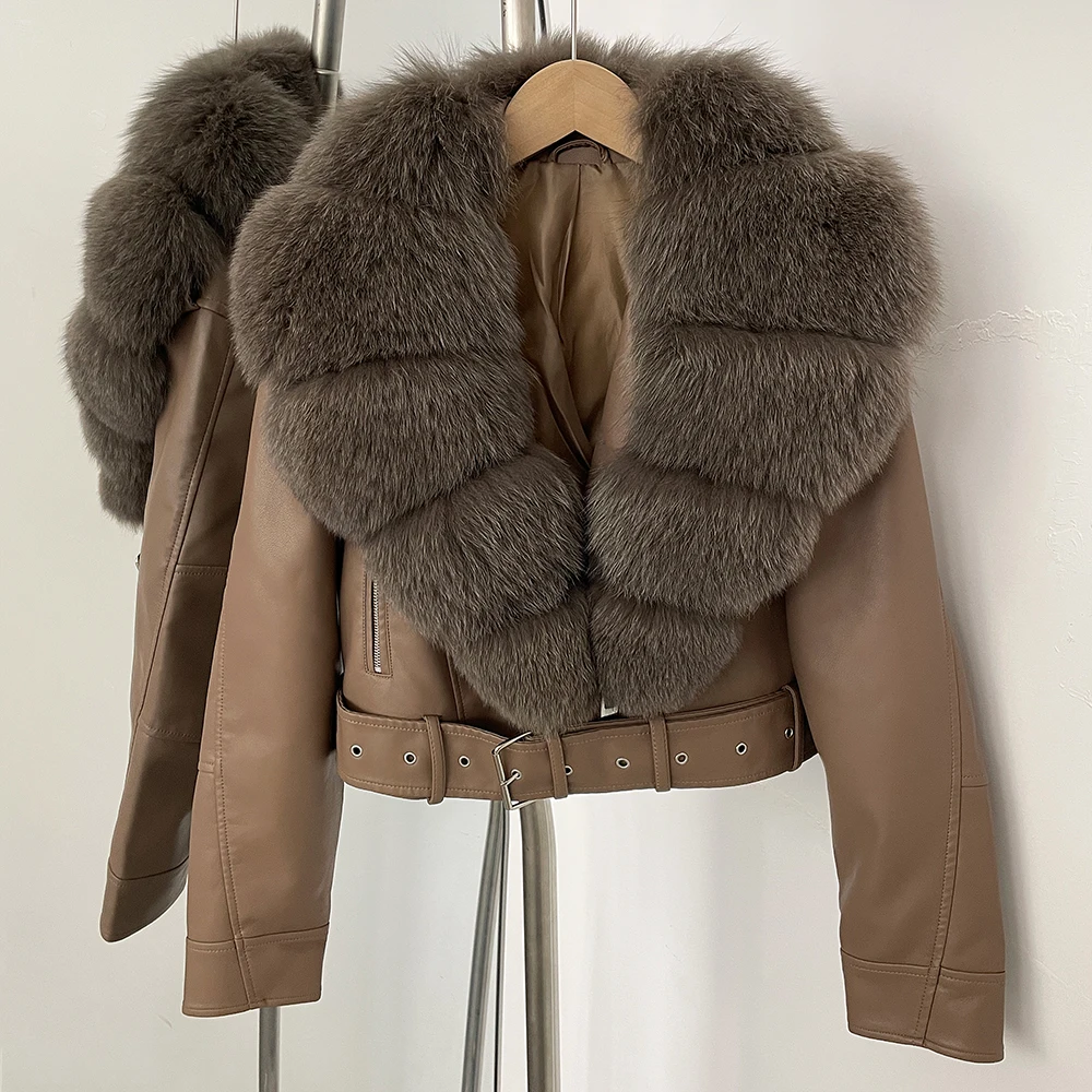 Color: Clear, Size: M - Fake Leather Coat New Natural Fox Fur Autumn Short Faux Leather Jacket Female Spring PU Women Long Sleeve Real Fur Coat Thin