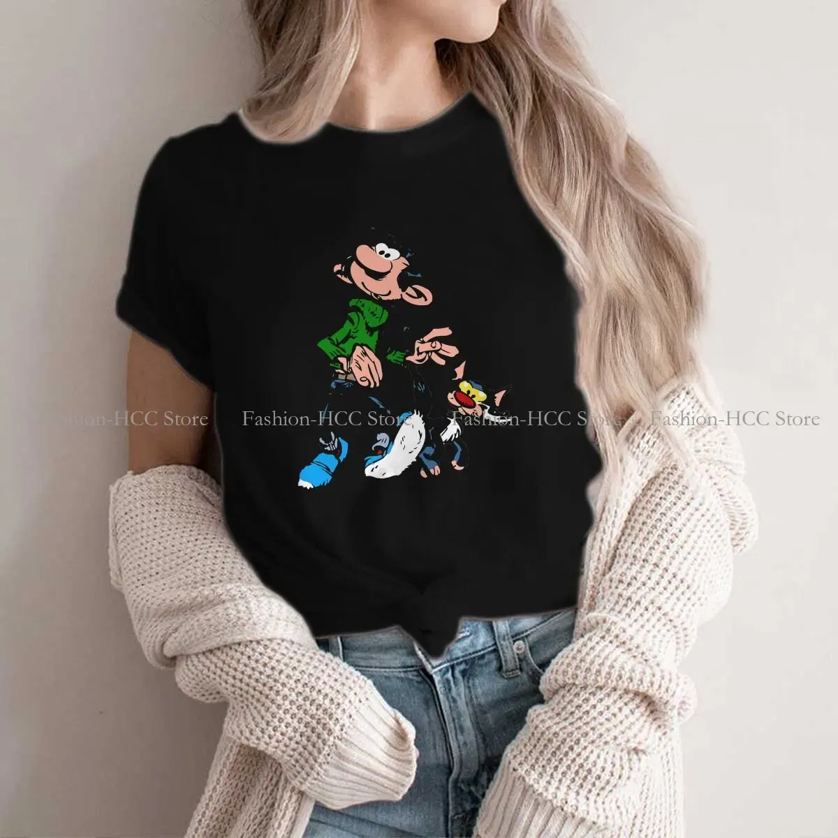 Color: black, Size: XXXL - Gaston Lagaffe Comic Polyester TShirts Cartoon Color Big Ben Walking With Cat Classic Personalize Homme T Shirt Funny Tops
