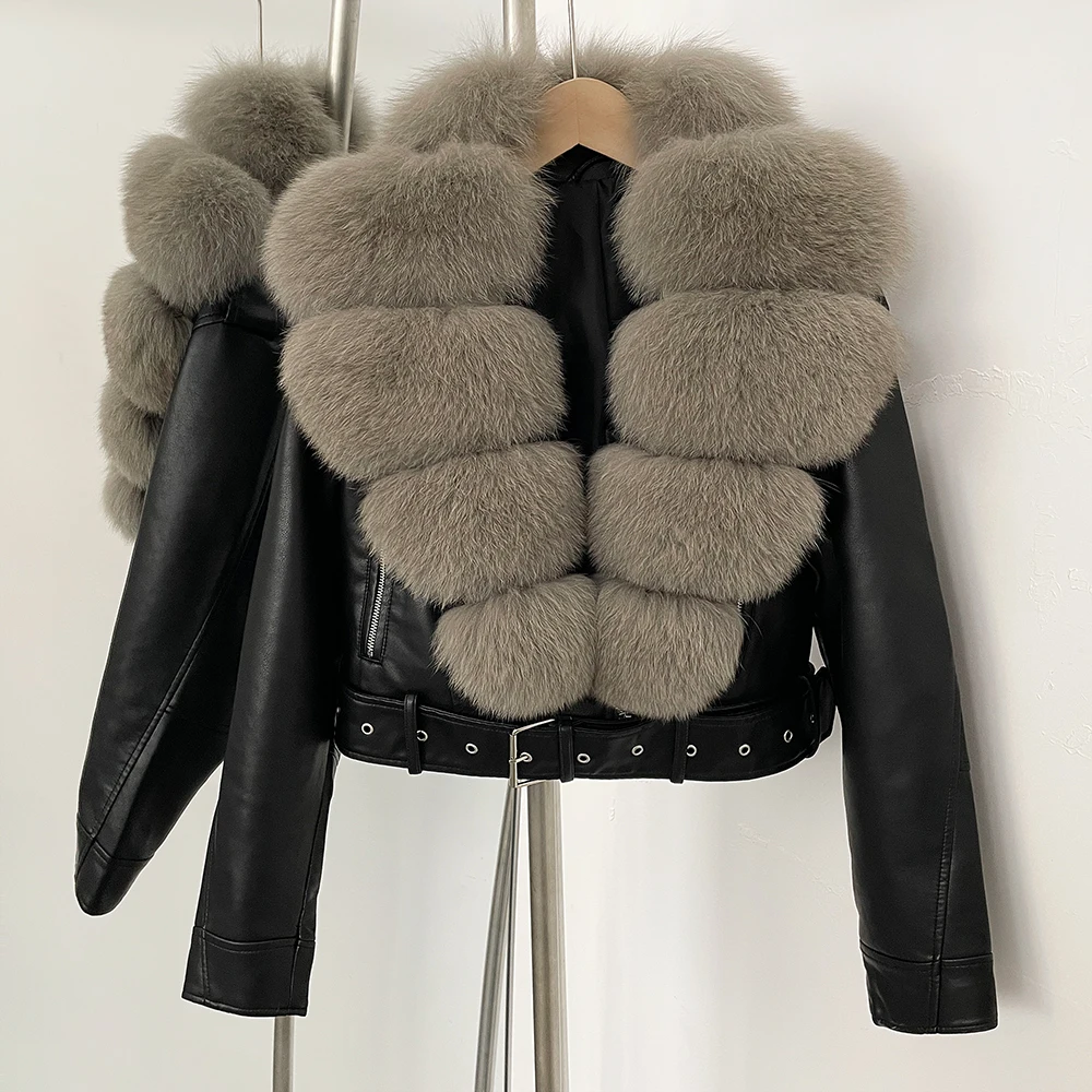 Color: black, Size: L - Fake Leather Coat New Natural Fox Fur Autumn Short Faux Leather Jacket Female Spring PU Women Long Sleeve Real Fur Coat Thin