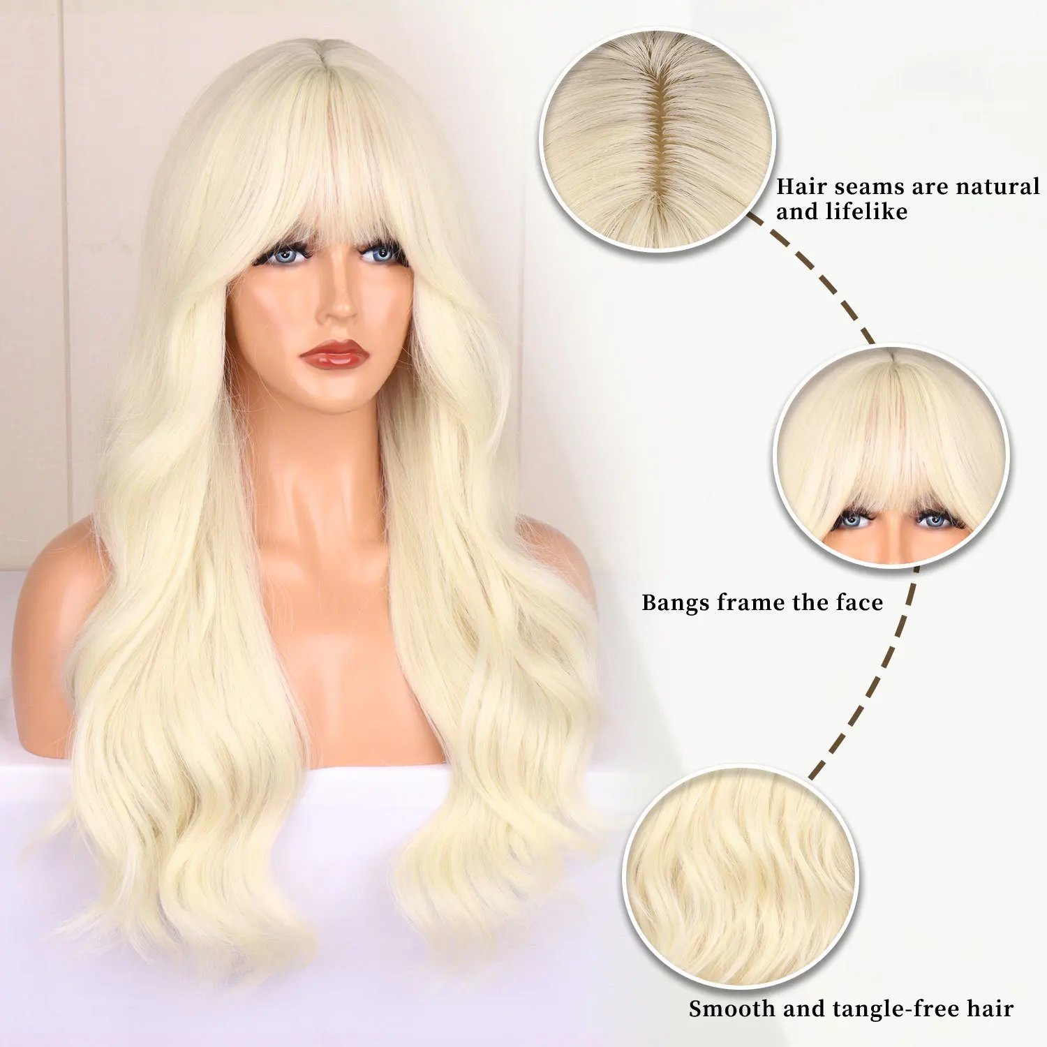 Color: #613 - Blonde synthetic wig with straight bangs Ladies Cosplay wig High temperature silk wig set with big waves and long curly hair