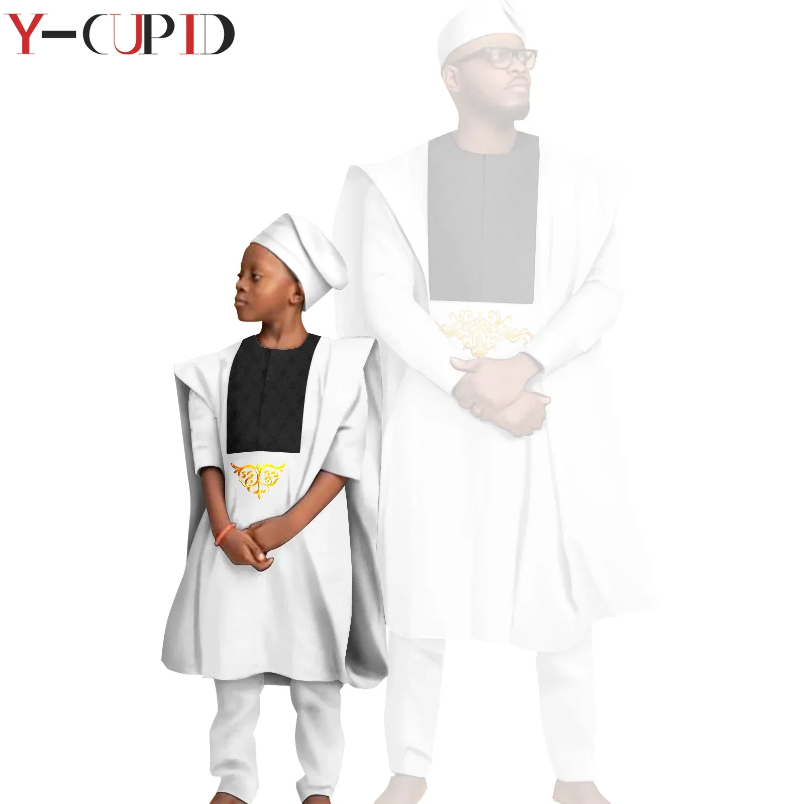 Color: Silver, Size: Mother 6XL - African Clothes for Men Top Pants Robes Hat Sets Match Kid Boy Sets Dashiki Father and Son Bazin Riche Family Outfits Y20F001