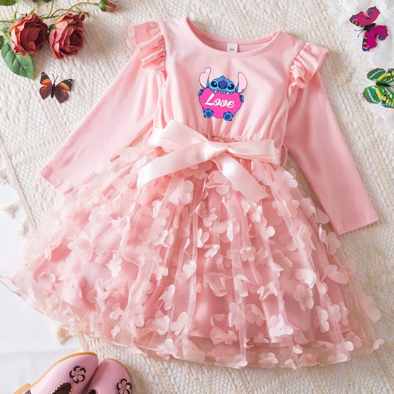 Color: Beige, Size: One Size, Height: 164 - Lilo Stitch Girl Baby Dresses Spring Autumn Child Long Sleeve Sweet Princess Dress Mesh Newborn Casual Dress Birthday Party 2-6Y