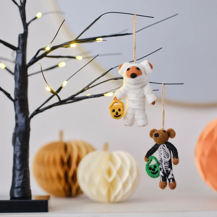 Halloween Hanging Tree Decoration - Pumpkin Spice Felt Mummy Bear