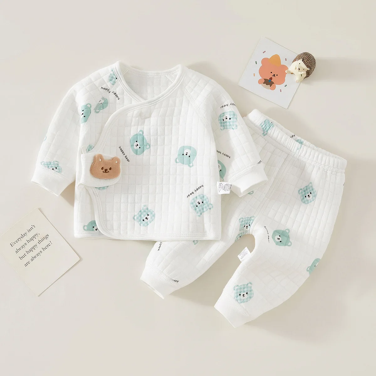 Color: AQUA, Kid Size: 6M - Autumn Winter Thermal Underwear Suit Baby Clothing Sets Boys Girls Pajama Sets Baby Warm Sleepwear Cartoon bear Kids Clothes