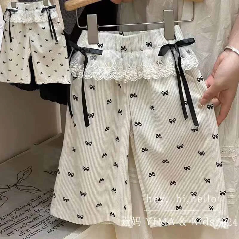 Color: Beige, Kid Size: 3T - New Girls Bow Print Pants Spring Kids Wide-leg Trousers Fashion Elastic Loose Pants Autumn Children Bowknot Trousers 2-8 Years
