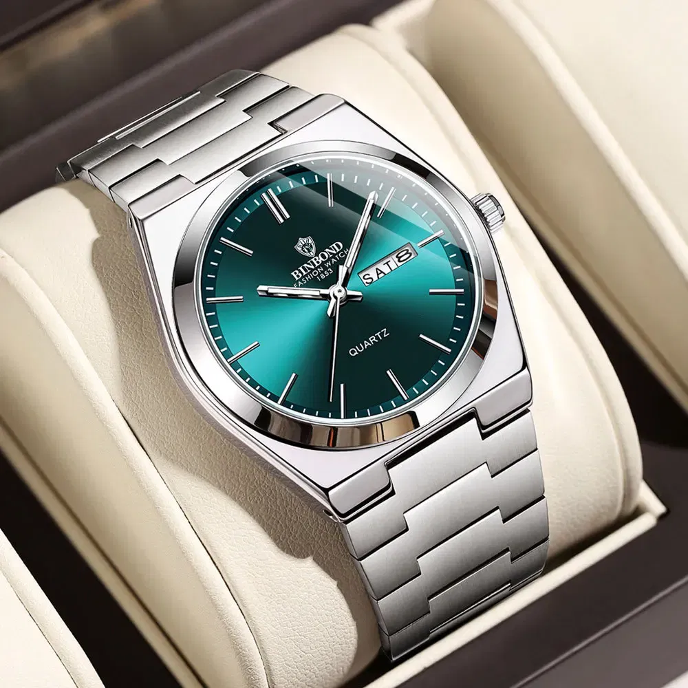Color: Coffee - UTHAI Men Watch Light Luxury Brand Stainless Steel Double Calendar Waterproof Male Business Leisure Fashion Quartz Clock Watches