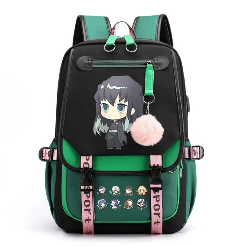 Color: Beige, Size: 17 Inches - Demon Slayer Backpack Schoolbag USB Laptop Bag Tokitou Muichirou Kanroji Mitsuri Men Women Rucksack Travel Shoulder Outdoor Bags