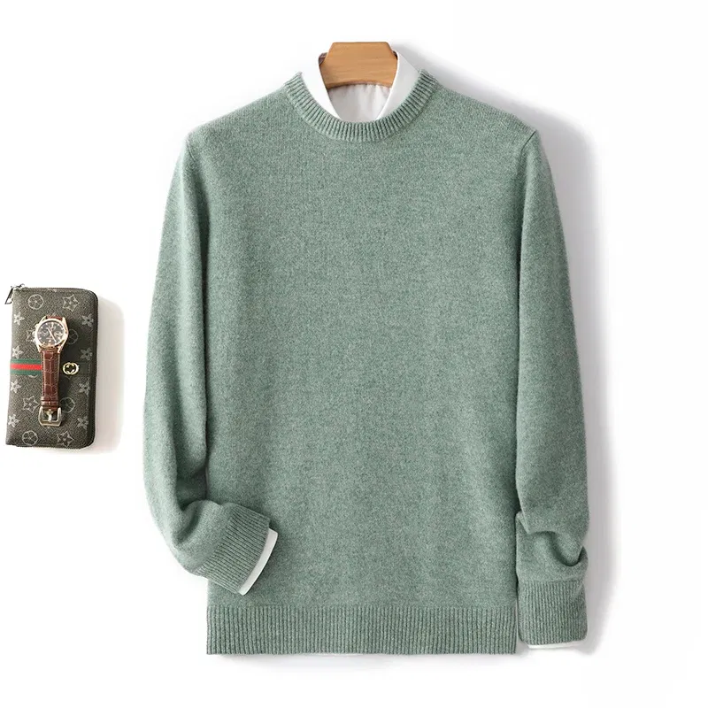 Color: Mint, Size: XL, Ships From: CHINA - Men's 100% Pure Wool Cashmere Sweater O-Neck Pullover Knit Sweater Autumn and Winter New Long Sleeve High-End Jumpers Thick Tops
