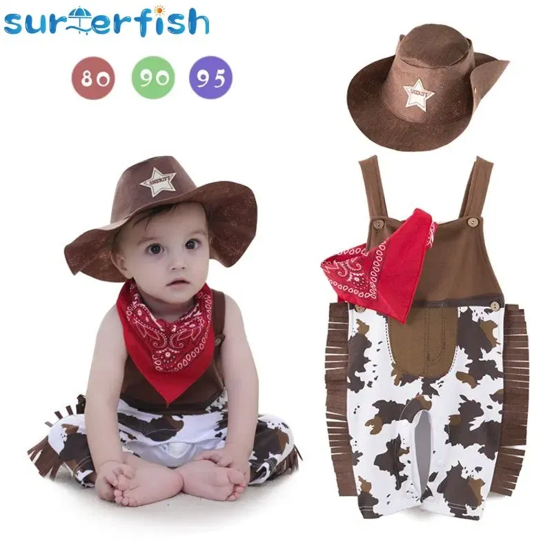 Color: Turquoise, Kid Size: 24M - Baby Boy Clothes cowboy Costume Infant Toddler Cowboy Set 3Pcs Hat Scarf Romper Halloween Event Birthday Holiday Cosplay Outfits