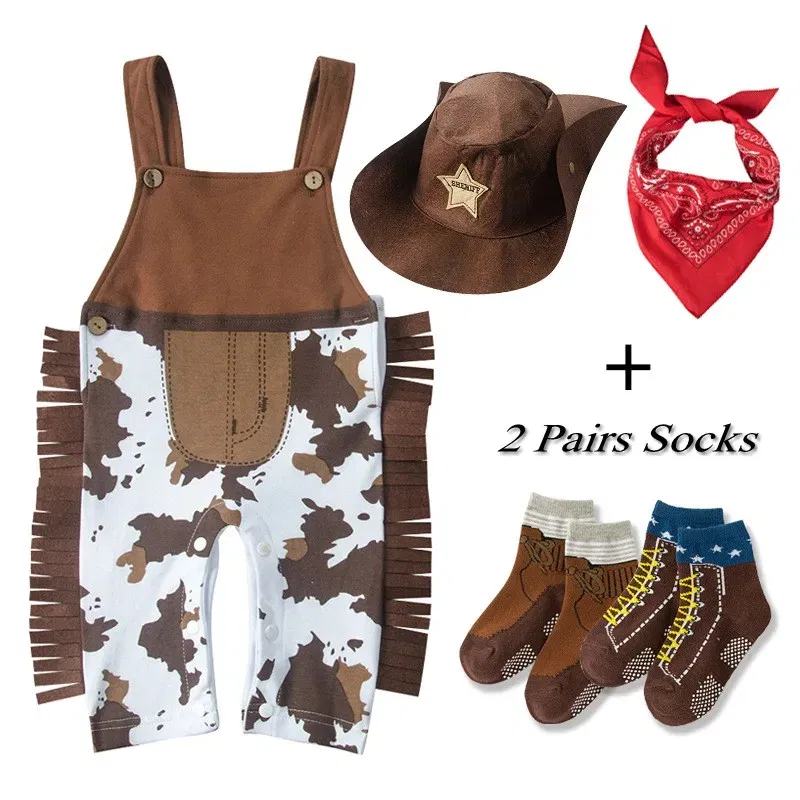 Color: Turquoise, Kid Size: 24M - Baby Boy Clothes cowboy Costume Infant Toddler Cowboy Set 3Pcs Hat Scarf Romper Halloween Event Birthday Holiday Cosplay Outfits