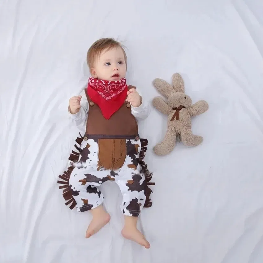Color: Turquoise, Kid Size: 24M - Baby Boy Clothes cowboy Costume Infant Toddler Cowboy Set 3Pcs Hat Scarf Romper Halloween Event Birthday Holiday Cosplay Outfits