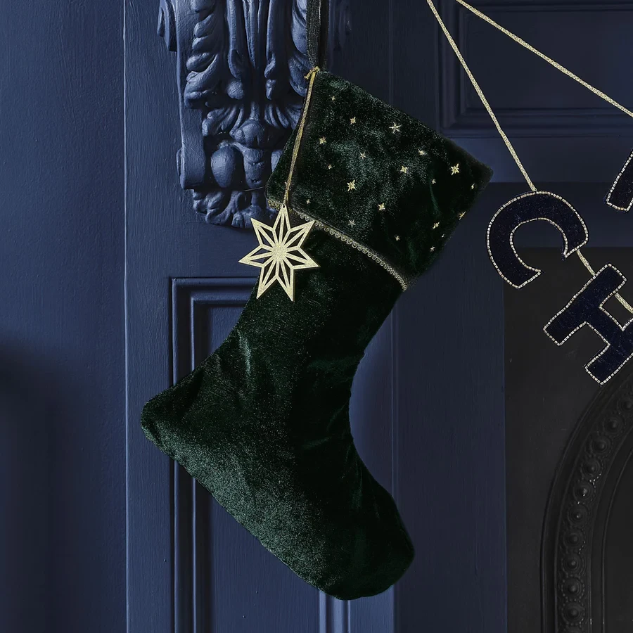 Christmas  Stocking - Velvet Luxe Green Velvet Embroidered with Charm