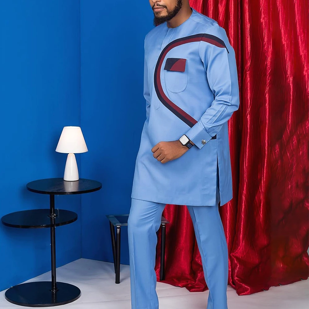 Color: ROYAL BLUE, Size: L - New Men's Tenos Wedding 2-Piece Suit Waist Pants Shirt Solid Color Panel Long Sleeve Party African Ethnic Style Clothing (M-4XL)