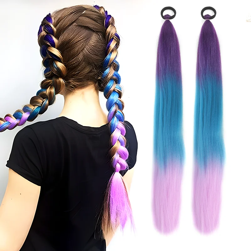 Color: 4/27HL, Stretched Length: 26inches - LUPU Synthetic Ponytail Extension with Elastic Tie Hair Band 26" Long Straight Colored Braiding Ponytail Ombre Pink Purple Blue