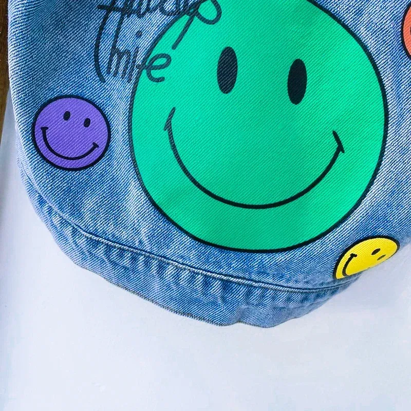 Color: Beige, Kid Size: 8 - 2022 Autumn Spring Fall Boys Casual Cartoon Denim Kids Jackets Turn-down Collar Long Sleeve Coat Girls Loose Tops for Teens