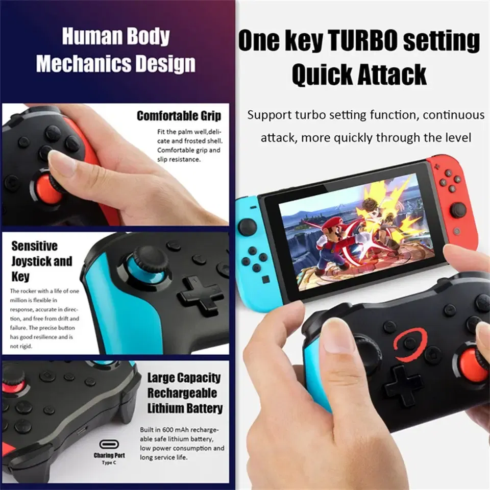 Color: GOLD - GAMINJA NS009 Bluetooth Game Controller Wireless Gamepad For Nintendo Switch Console PS3 PC Windows 7 10 Dual Vibration Joystick