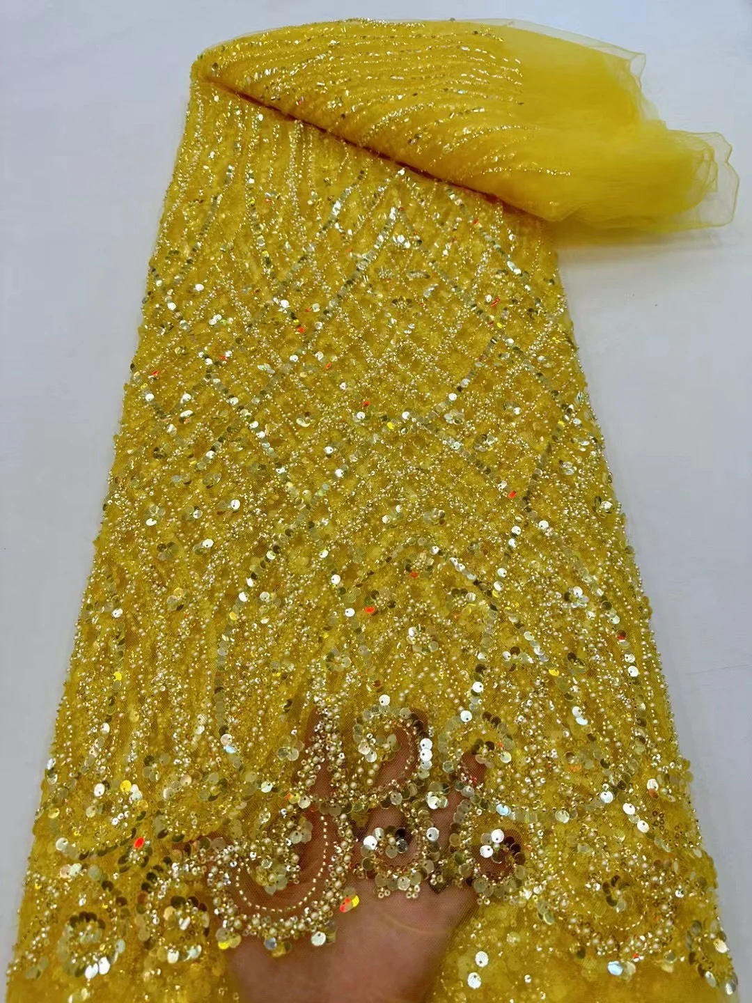 Color: Orange, Width: 120cm, Length: 5 yards - Ni Ai African Sequins Beaded Groom Lace Fabric High Quality French Tulle Lace Fabric 2025 Embroidery Nigerian Lace Fabrics