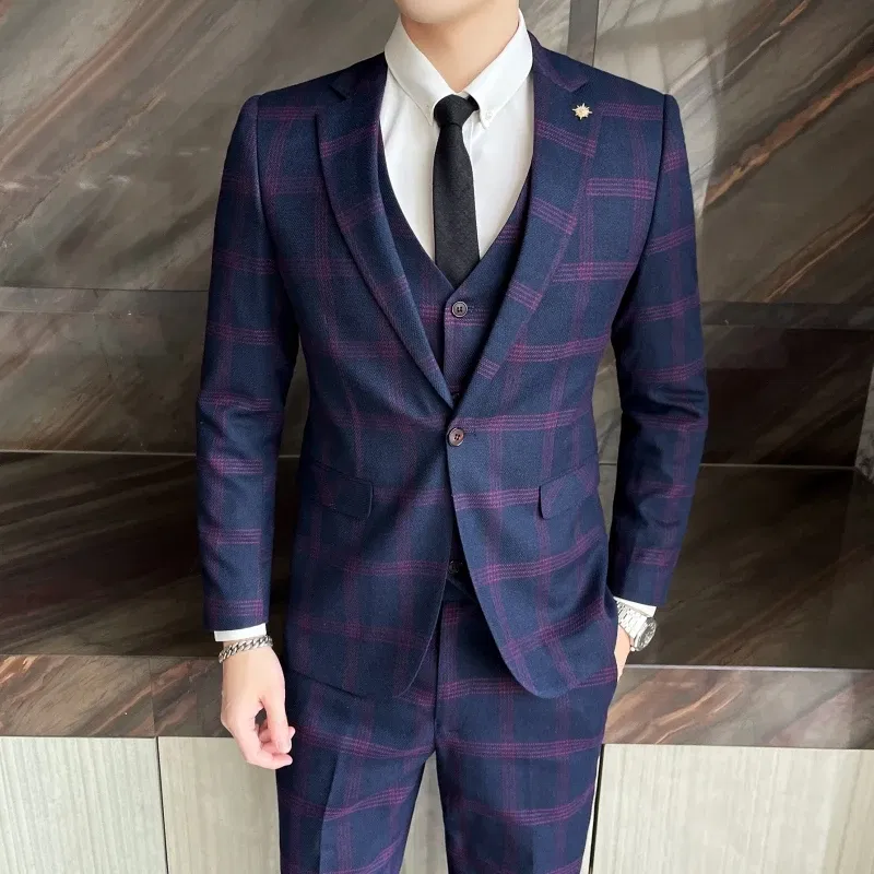 Color: Blue, Size: L - High-quality British men's fashionable and stylish checkered casual suit set for autumn, a casual and fitted suit set of three