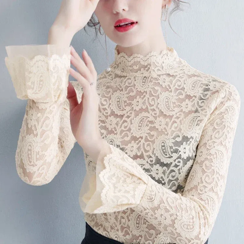 Color: Beige, Size: XXXL - Sexy Transparent Long Sleeve Top Women 2025 Fashion Autumn Winter Basic Lace Blouses White Black Hollow Blusas Mujer Oversized