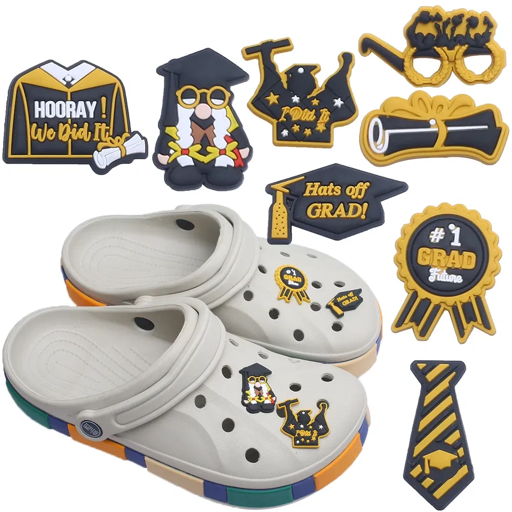 Color: Gold, Ships From: CHINA - Original 1pcs Graduation season Anime Shoe Buckle Charms Funny Cartoon Character for Clogs Accessories Kids Xmas Birthday Gifts