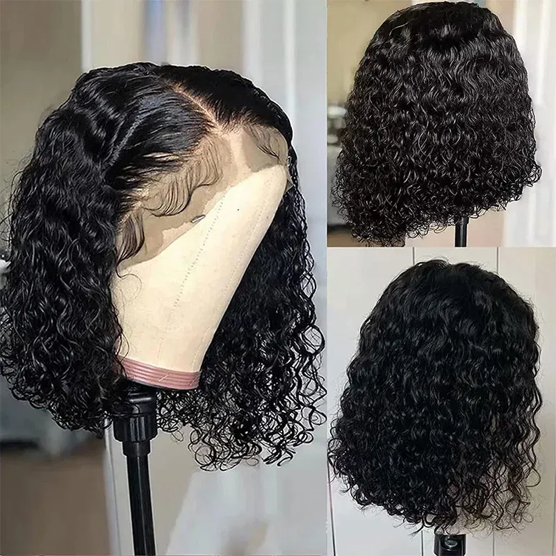 Density: 180%, Stretched Length: 16inches, Lace Wig Type: 4*4 - Deep Wave 180% Density Pre-Plucked Side Part Short Bob 13*4 Lace Frontal Brazilian Virgin Human Hair Wigs For Black Woman