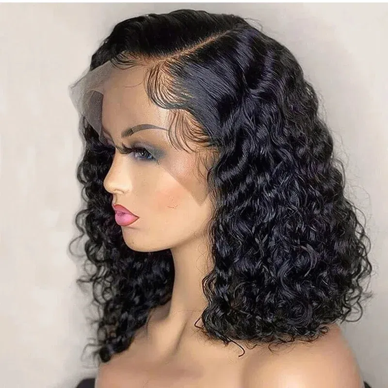 Density: 180%, Stretched Length: 16inches, Lace Wig Type: 4*4 - Deep Wave 180% Density Pre-Plucked Side Part Short Bob 13*4 Lace Frontal Brazilian Virgin Human Hair Wigs For Black Woman