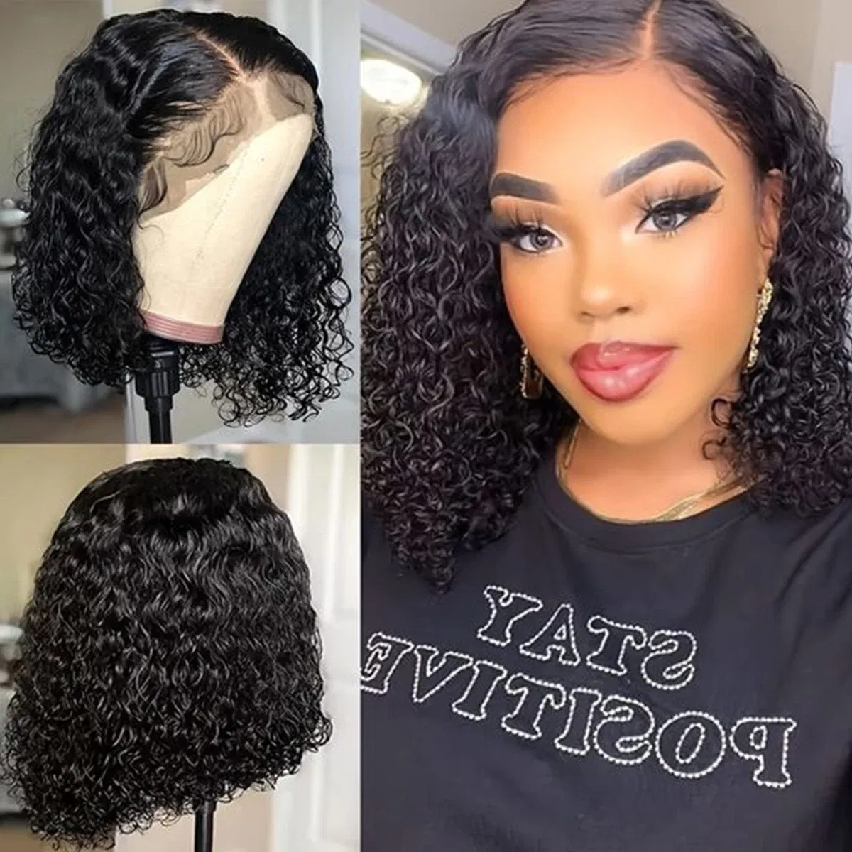 Density: 180%, Stretched Length: 16inches, Lace Wig Type: 4*4 - Deep Wave 180% Density Pre-Plucked Side Part Short Bob 13*4 Lace Frontal Brazilian Virgin Human Hair Wigs For Black Woman