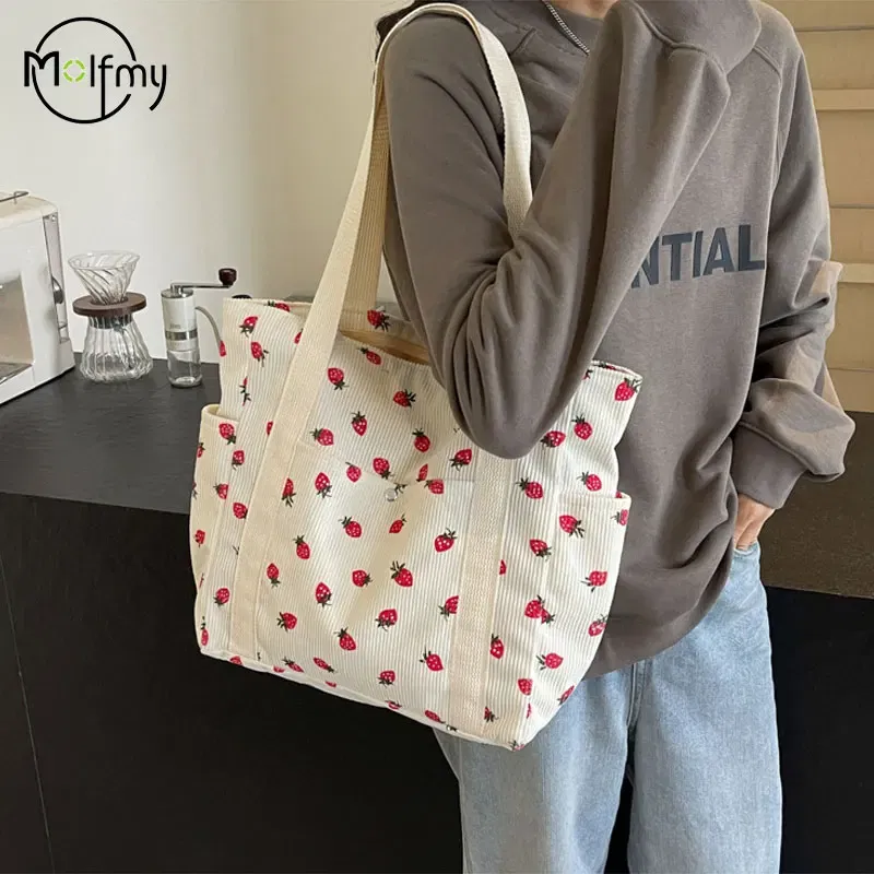 Color: Blue - Strawberries Corduroy Handbag Sweet Women's Bag Fashionable Versatile Shoulder Bag Beautiful Simple Commuter Women's Tote Bags