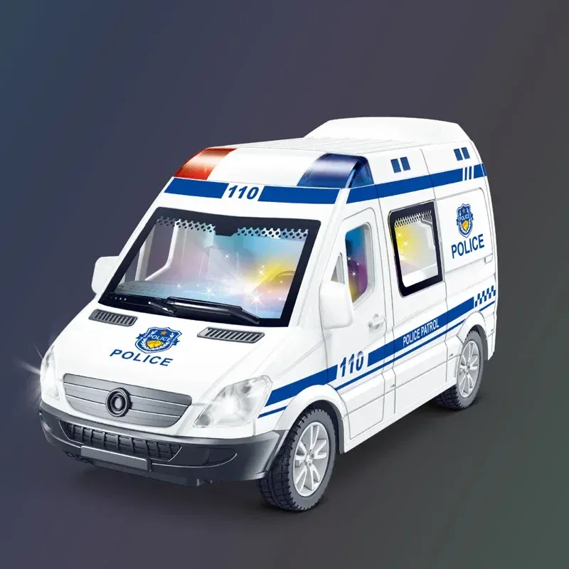 Color: DEEP BLUE - 1:32 Mini Car Diecast Ambulance Fire-Truck Policecar Model Sound And Light Vehicle Simulation Collection Gifts Toys Boys