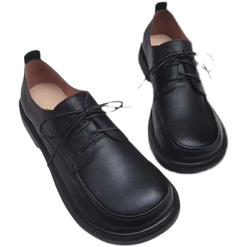 Color: black, Shoe Size: 8.5 - Careaymade-Genuine leather big head wide version men's English lace up leather shoes business leisure original single shoes