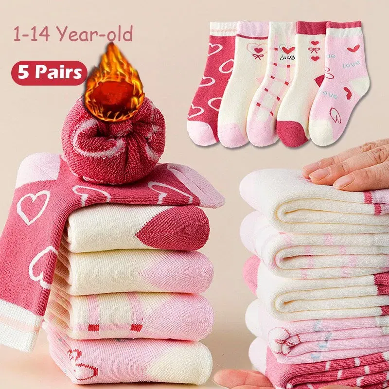 Color: Beige, Size: 7-9T - Girls Winter Socks 5 Pairs Baby Cute Color Princess Pink Thick Cotton Socks Children Warm Winter Socks
