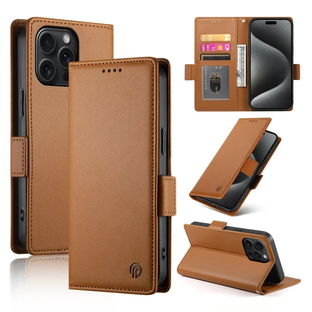 Color: Brown, Material: PVC - PU Leather Flip Phone Case For iPhone 16 15 Pro Max 16E 14 13 1211 XS Max XR X 8 7 Plus SE KickStand Cards Solt Wallet Cover