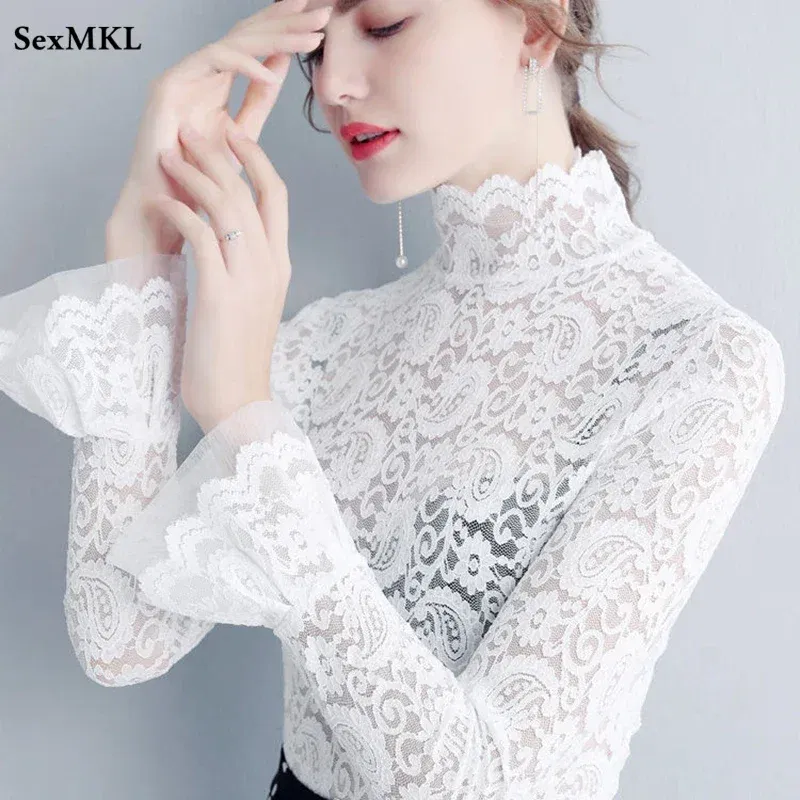 Color: WHITE, Size: XXXL - Sexy Transparent Long Sleeve Top Women 2025 Fashion Autumn Winter Basic Lace Blouses White Black Hollow Blusas Mujer Oversized