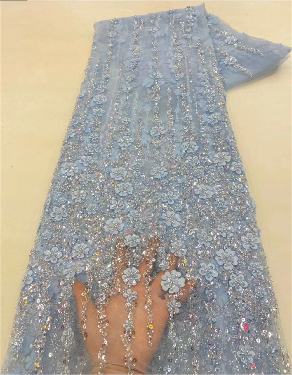 Color: pink, Length: 5 yards, Width: 120cm - White African Beads Groom Tulle lace Fabric 2025 High Quality Sequins Embroidery French Tulle Laces For Nigeiran Party Dress