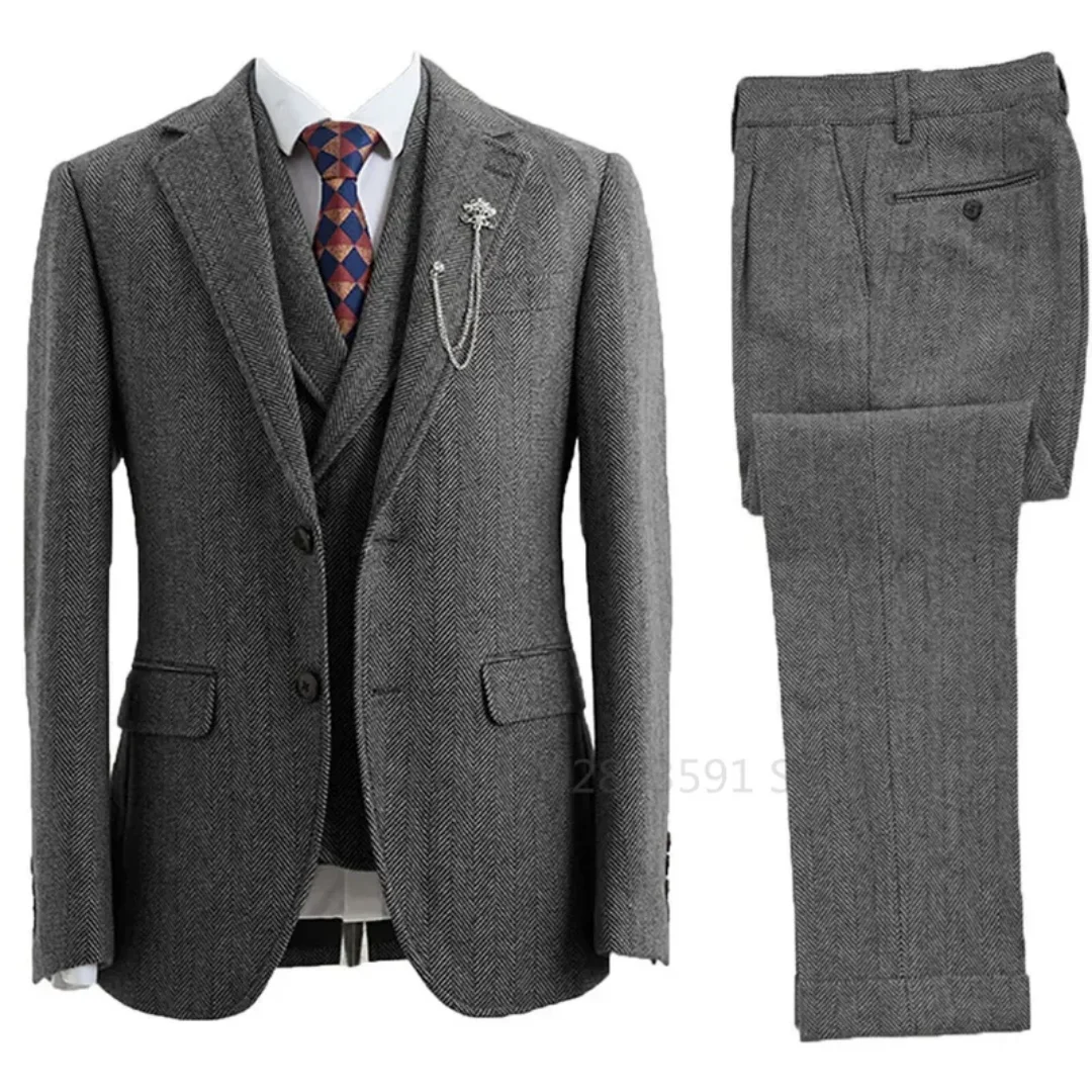 Color: GRAY, Size: 6XL - 3 Piece Men Suit Tweed Herringbone Double-Breasted Wedding Tuxedos Size Men Clothing Casual Style Men's Fashion Costume Homme