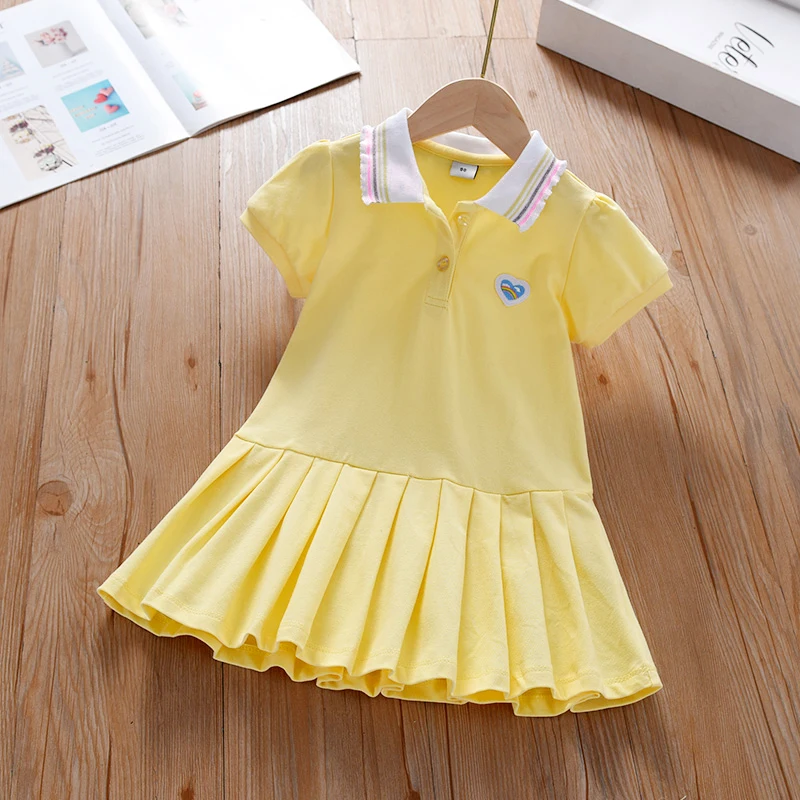 Color: Beige, Kid Size: 3T - Toddler Girls' Dress Ages 2-6 Yellow Collared Summer Cotton Clothes for Children Cute Casual Outfit