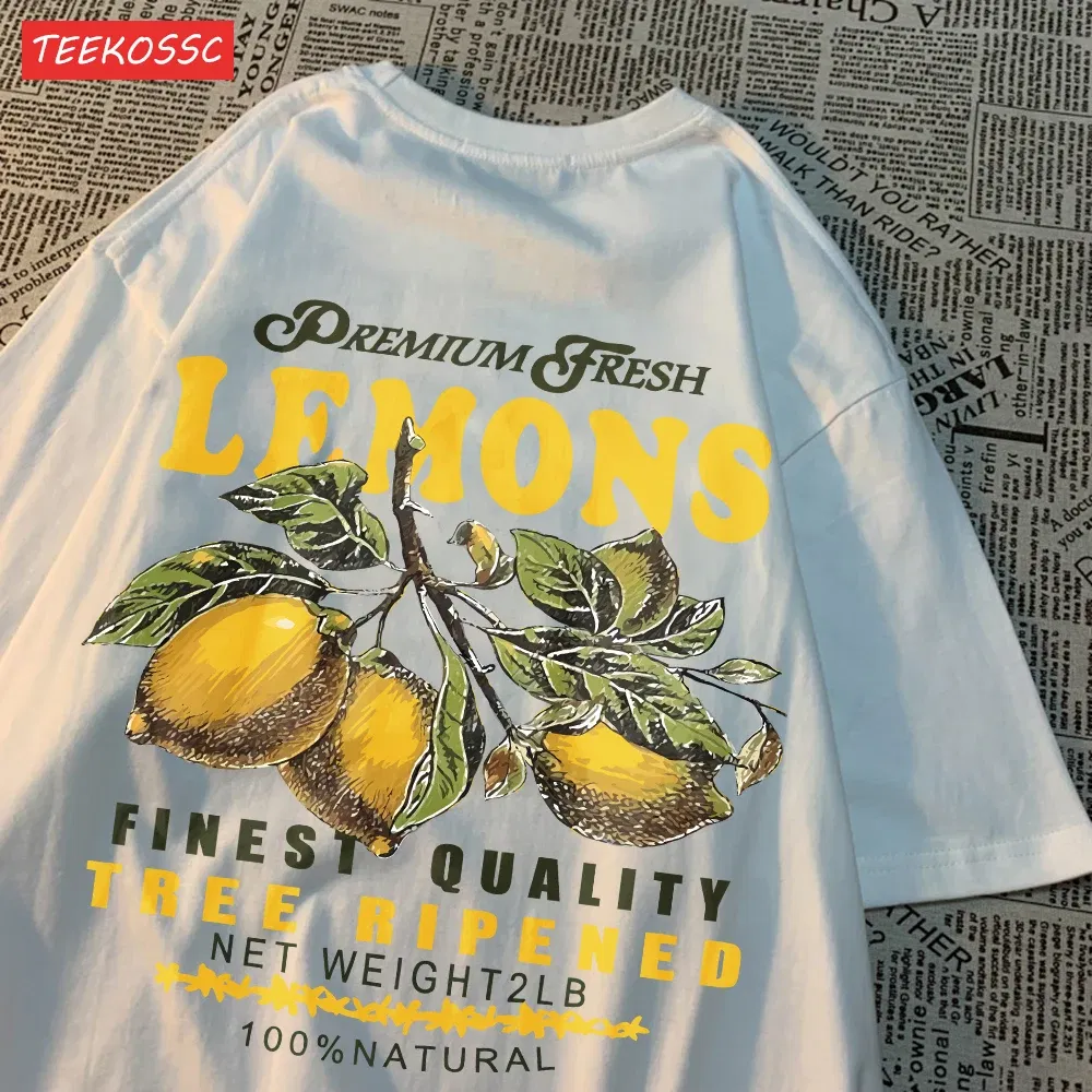 Color: Rose Red, Size: XL - Summer Lemon Cherries Prints T-Shirts Cotton Women's Tops Oversize O-Neck Soft Short Sleeve tees Street Casual Womans Clothes