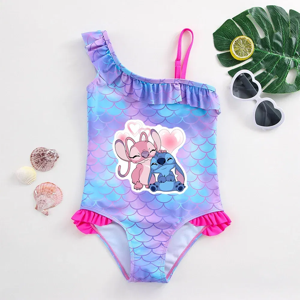 Color: Chocolate, Size: XL - Stitch Girls Swimsuit Fashion Mermaid Fish Scale One-Piece Bathing Suits Children's Dresses Summer Swimwear Beach Suit Kids Wear