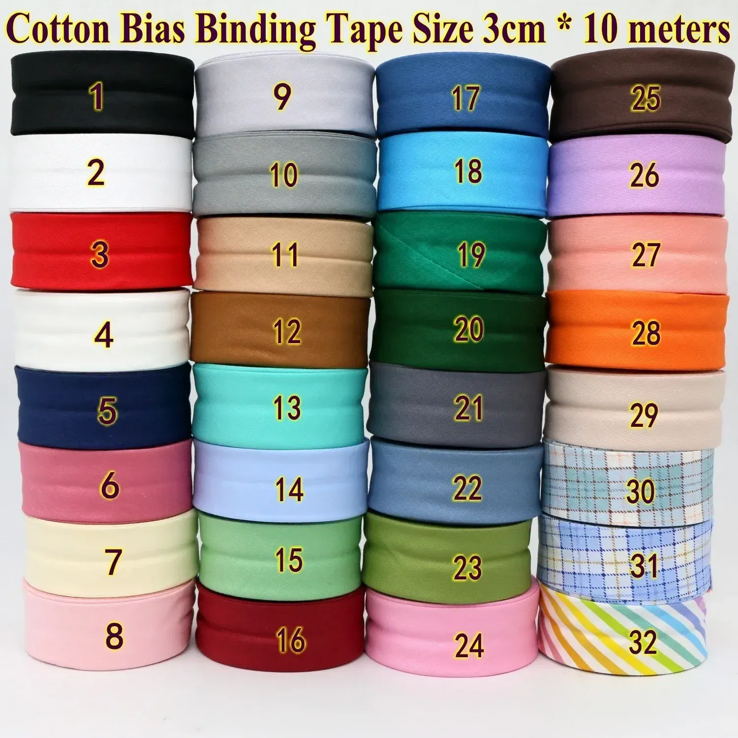 Color: Brass, Size: L - Cotton Bias Binding Tape Size 3cm *10meter  Solid Color DIY Handmade Sewing Material Bias Tape