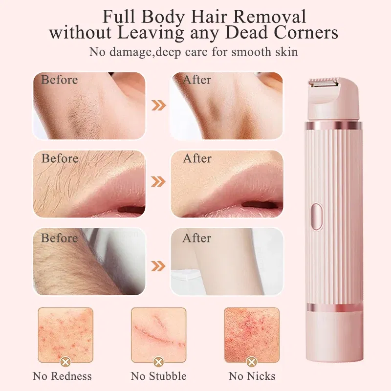 Color: Pink - Electric Shaver for Women Bikini Trimmer Facial Mustache Hair Removal Razor Ladies Face Underarm Legs Electric Painless Epilator