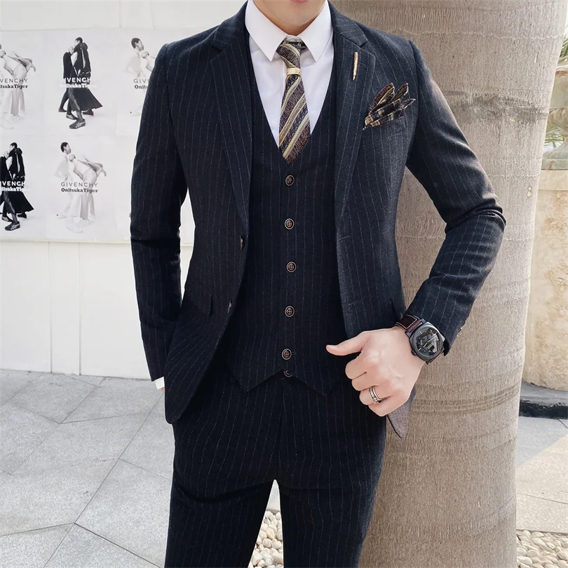 Color: Khaki, Size: M - Gray Men Classic Striped/Checked Suits, Business Office 3 Piece, Asian Size Slim Fit Men Dress Jacket & Pants with Vest, S-4XL