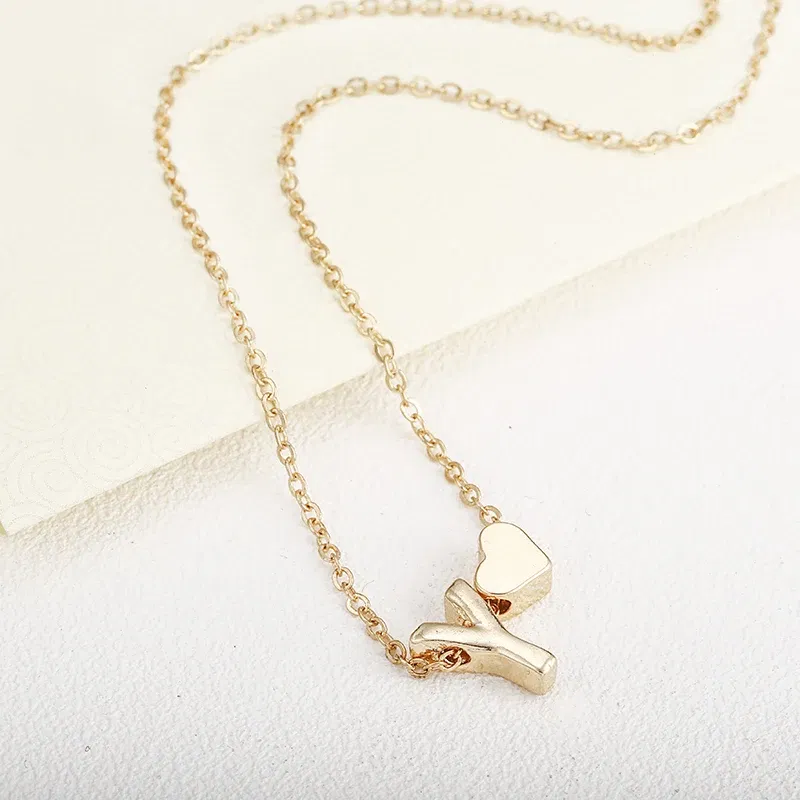 Metal Color: BRASS PLATED - Fashion Tiny Heart Dainty Initial Necklace With Letter Name Choker Necklace For Women Pendant Jewelry Accessories Gift