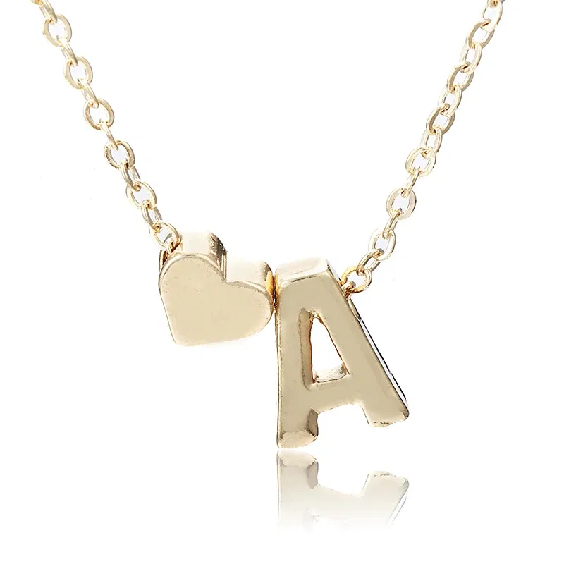 Metal Color: BRASS PLATED - Fashion Tiny Heart Dainty Initial Necklace With Letter Name Choker Necklace For Women Pendant Jewelry Accessories Gift