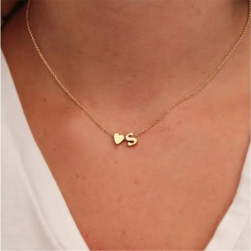 Metal Color: BRASS PLATED - Fashion Tiny Heart Dainty Initial Necklace With Letter Name Choker Necklace For Women Pendant Jewelry Accessories Gift