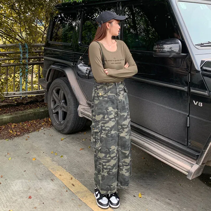 Color: Beige, Size: XXXS - Casual Camouflage Skirt with Pockets Plus Size Women's High Waist A-Line Long Skirt