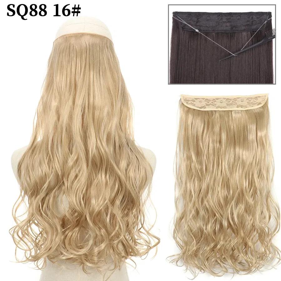 Color: P1B/30, Stretched Length: 32inches, Ships From: CHINA - Synthetic Natural Wavy No Clip Fish Line Invisible Hair Extensions Mixed Color Blonde Black Artificial False Hair Piece ForWomen