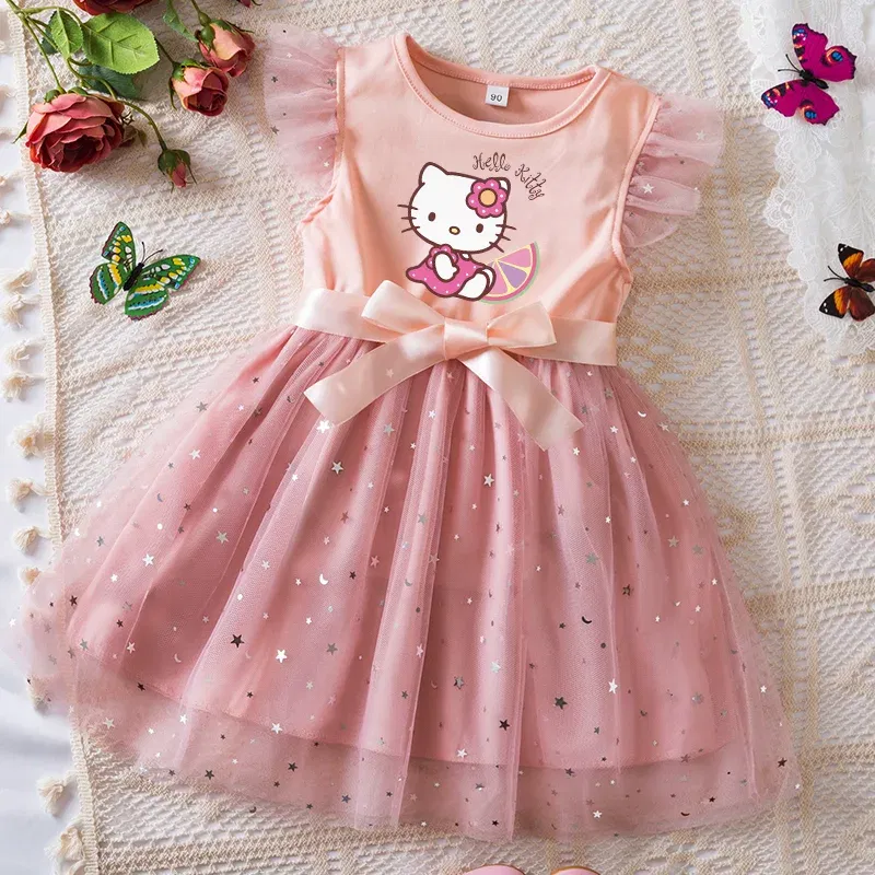 Color: army green, Kid Size: 5 - Hello Kitty Girls Sequin Tutu Dress with Bow Flutter Sleeves Summer Princess Party Outfit for Toddler Kids 2-6 Years