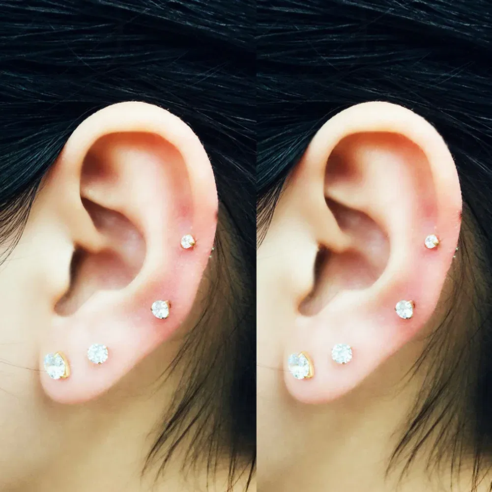 Metal Color: Rhodium Plated, Main Stone Color: black - 1Pc Small Round Cz Tragus Cartilage Titanium Steel 16G 4 Prong Ear Stud Earrings Tragus Helix Piercing Jewelry Sexy Body Jewelry