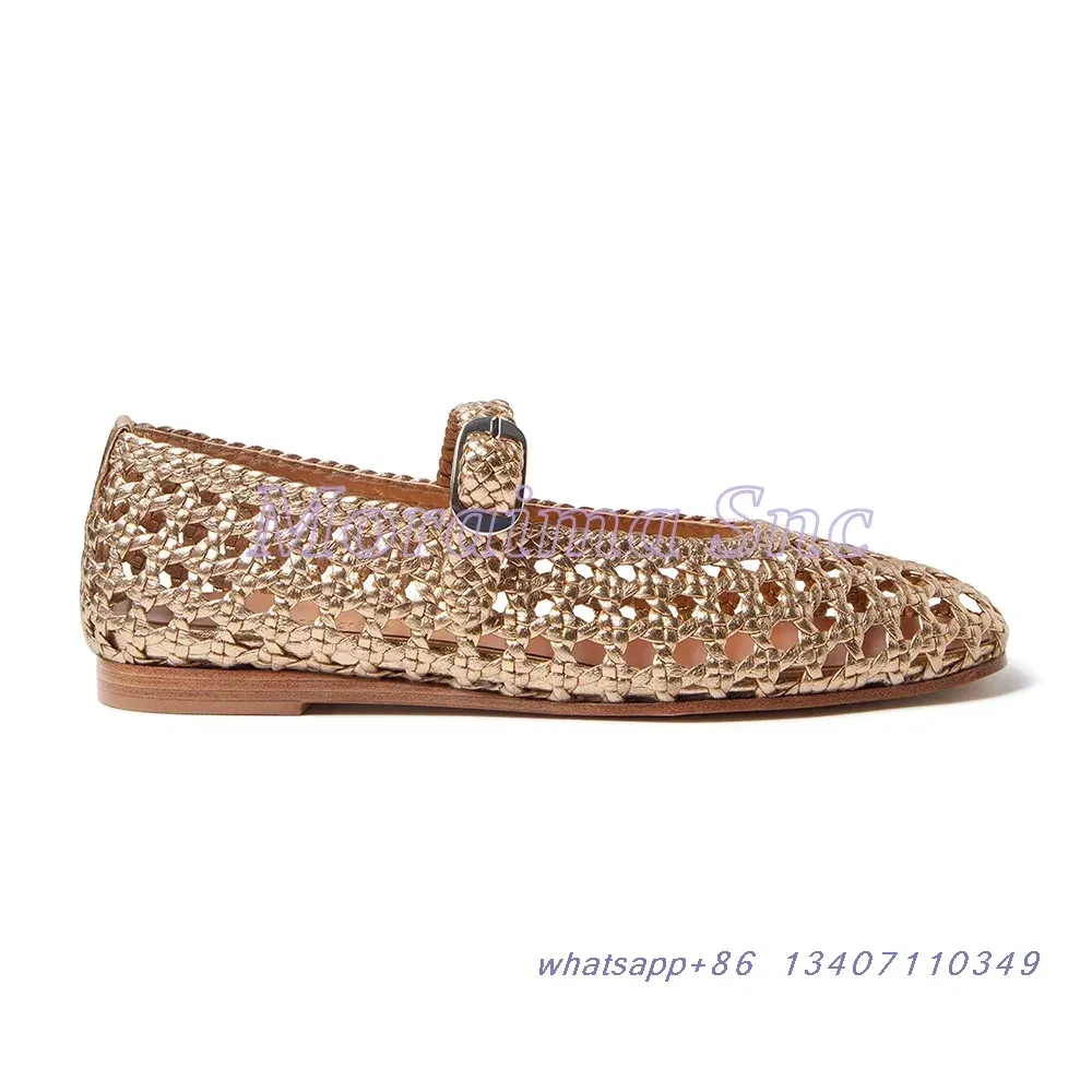 Color: Gold, Shoe Size: 41 - Hollow Woven Leather Ballet Shoes Flat With Round Toe Ankle Buckle Strap Fashion Shallow Women Shoes Mary Janes Summer New 2025