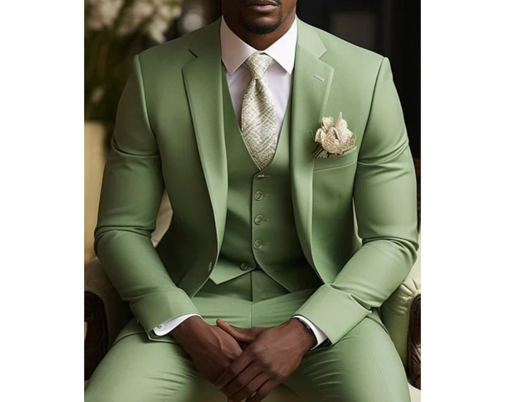 Color: Beige, Size: M - Green Suits for Men Blazer Single Breasted Notch Lapel Slim Fit Luxury Outfit 3 Piece Jacket Pants Vest Wedding Prom Party Terno